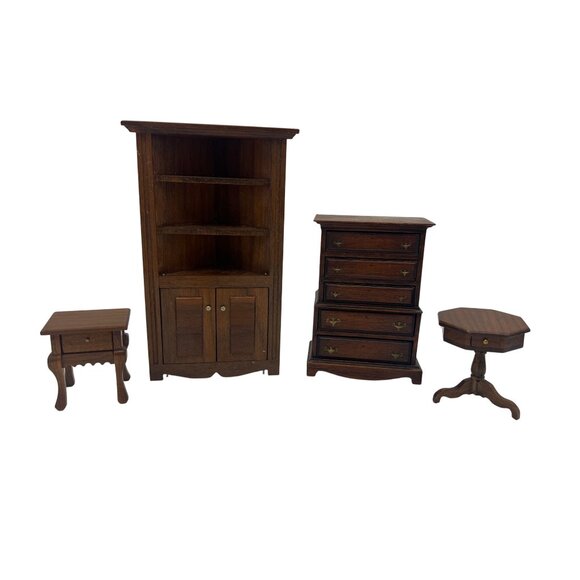 Other - Wood Dollhouse Corner Cabinet, Chest & 2 Side Tables Vintage Lot Unmarked 1:12